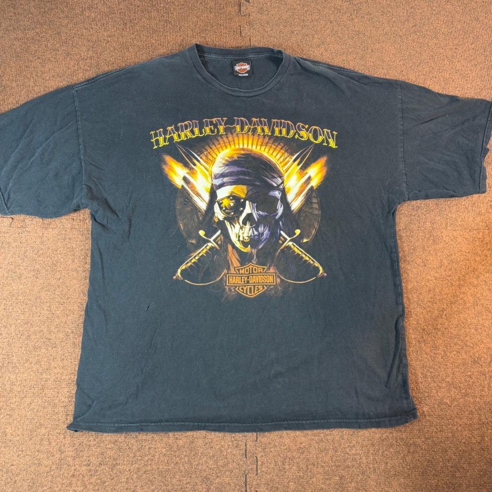 Harley Davidson T Shirt Mens 3XL Black Pirate Skull Wild Fire Villa Park IL 3066